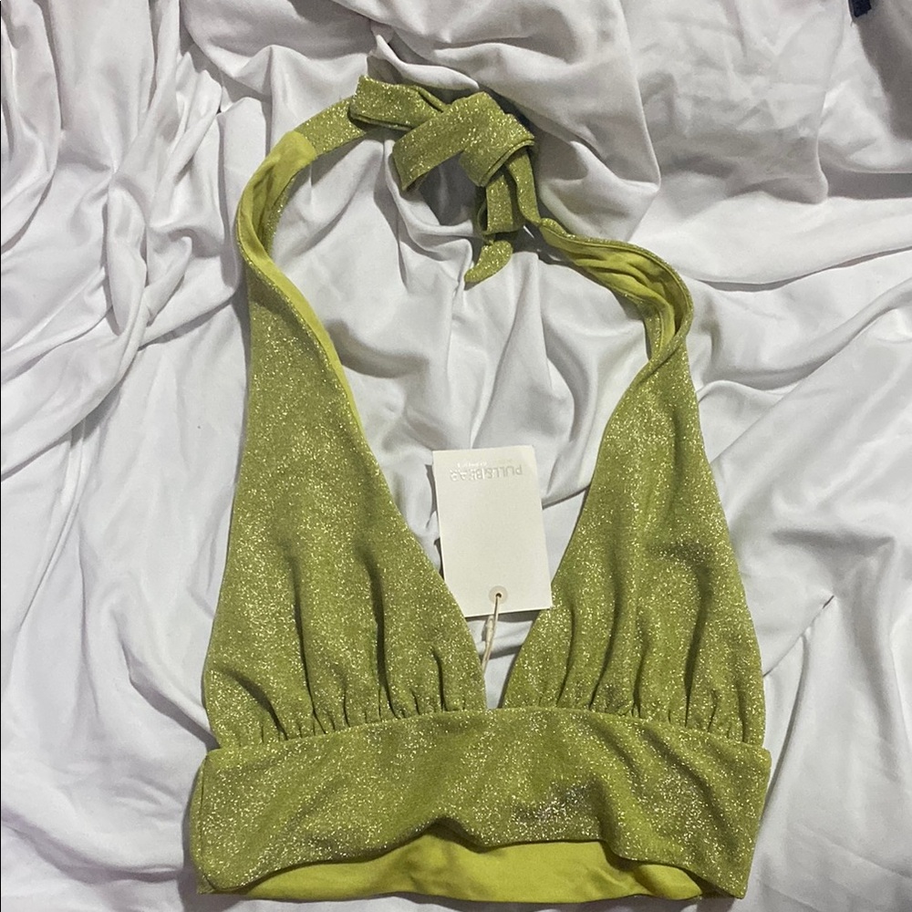 Pull&Bear Glittery Green Halter Top